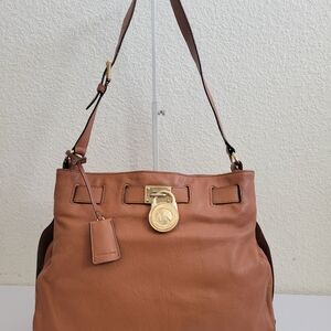 Michael Kors Hamilton Leather Shoulder Bag Brown Gold Lock